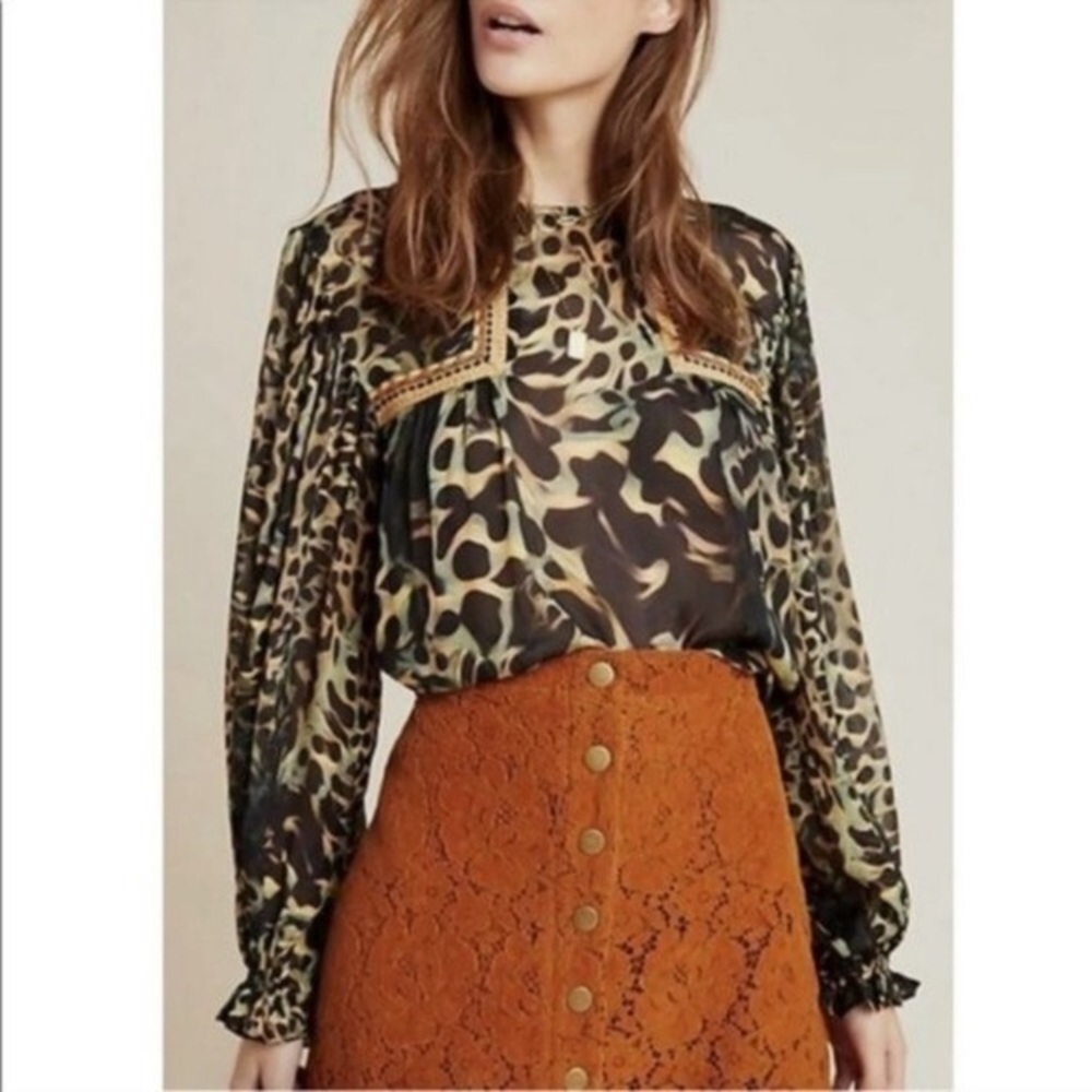 Anthropologie Sheer Leopard Print Blouse in Olive, Black, Cream